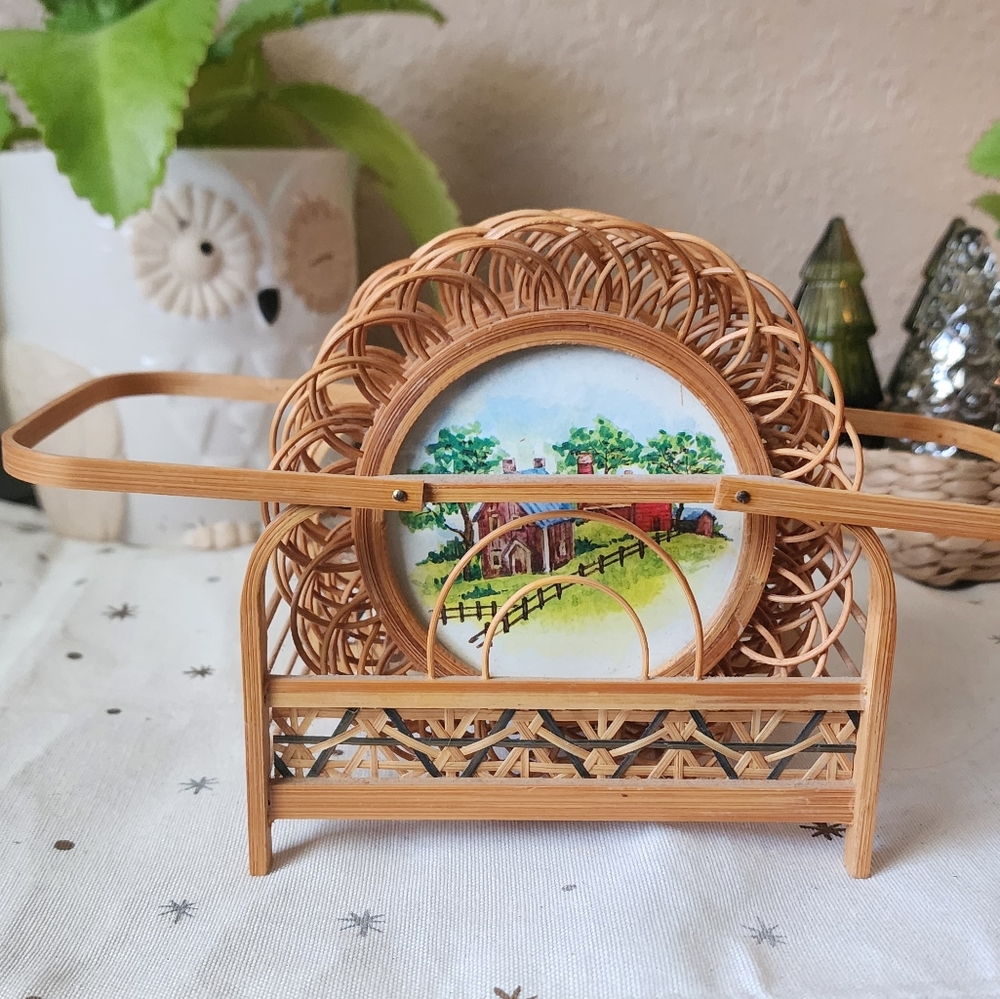 Vintage Rattan Wicker Countryside Coasters 6 w/ carrier!